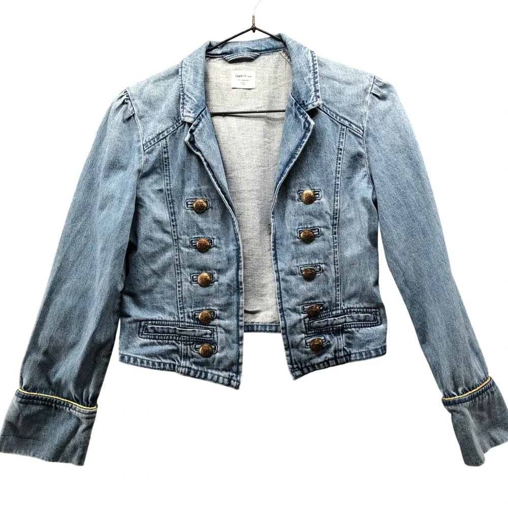Gap Girls XL (12-13) Denim Band Jacket Double Breasted Open Front Blue‎ Military